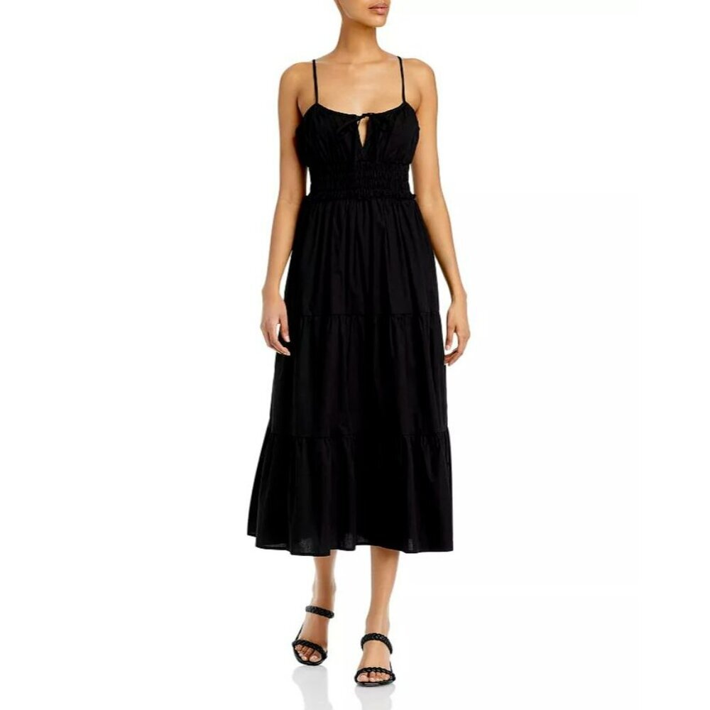 WAYF Wisteria Whimsigoth Midi Milkmaid Dress Black Tie Front Smocked Waist Sz M